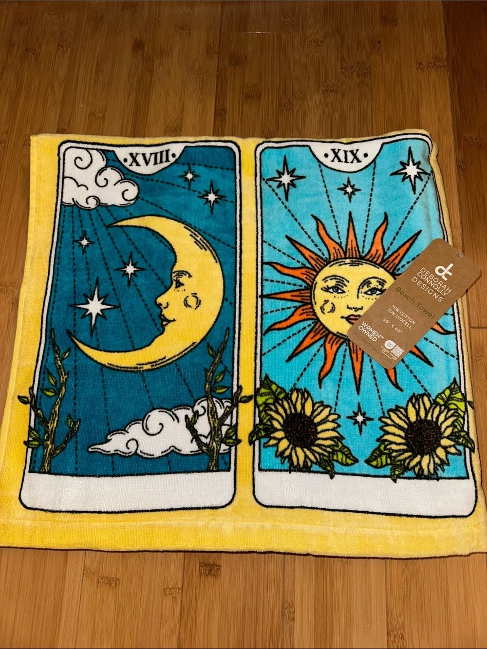 Celestial Sun & Moon Yellow Beach Towel by Deborah Gregory Designs
